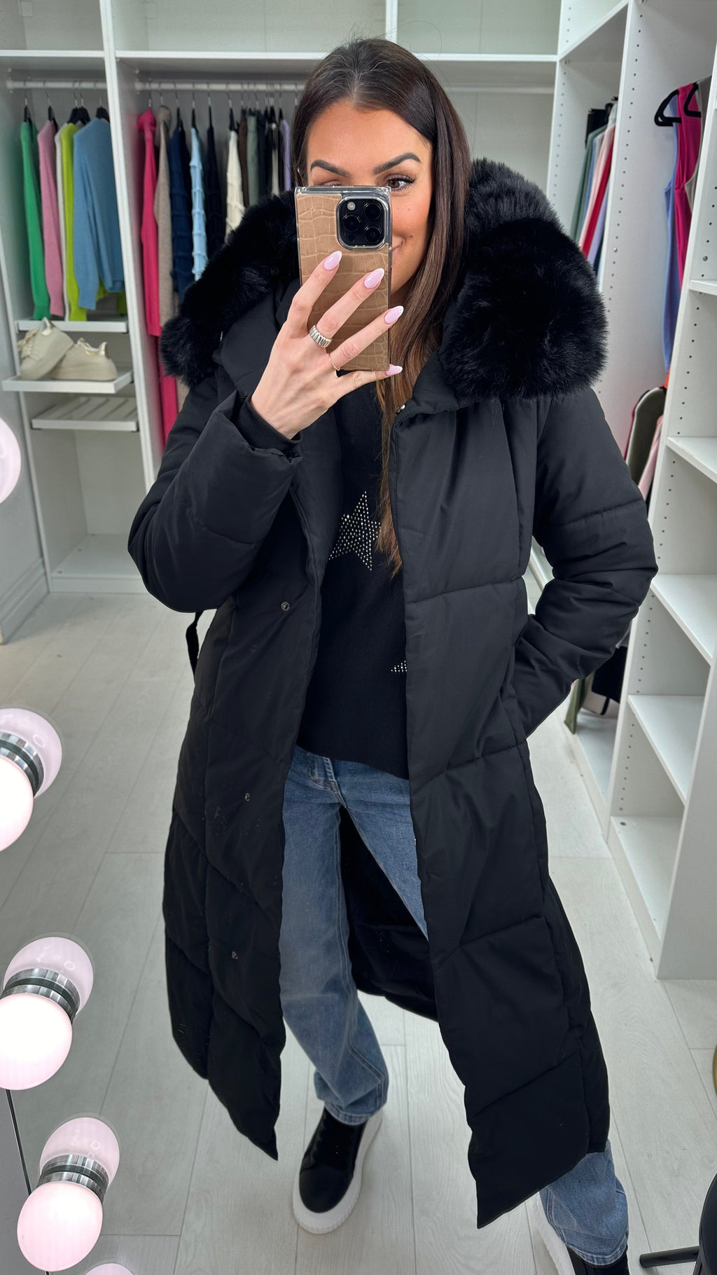 Dixy Faux Fur Hooded Belted Coat