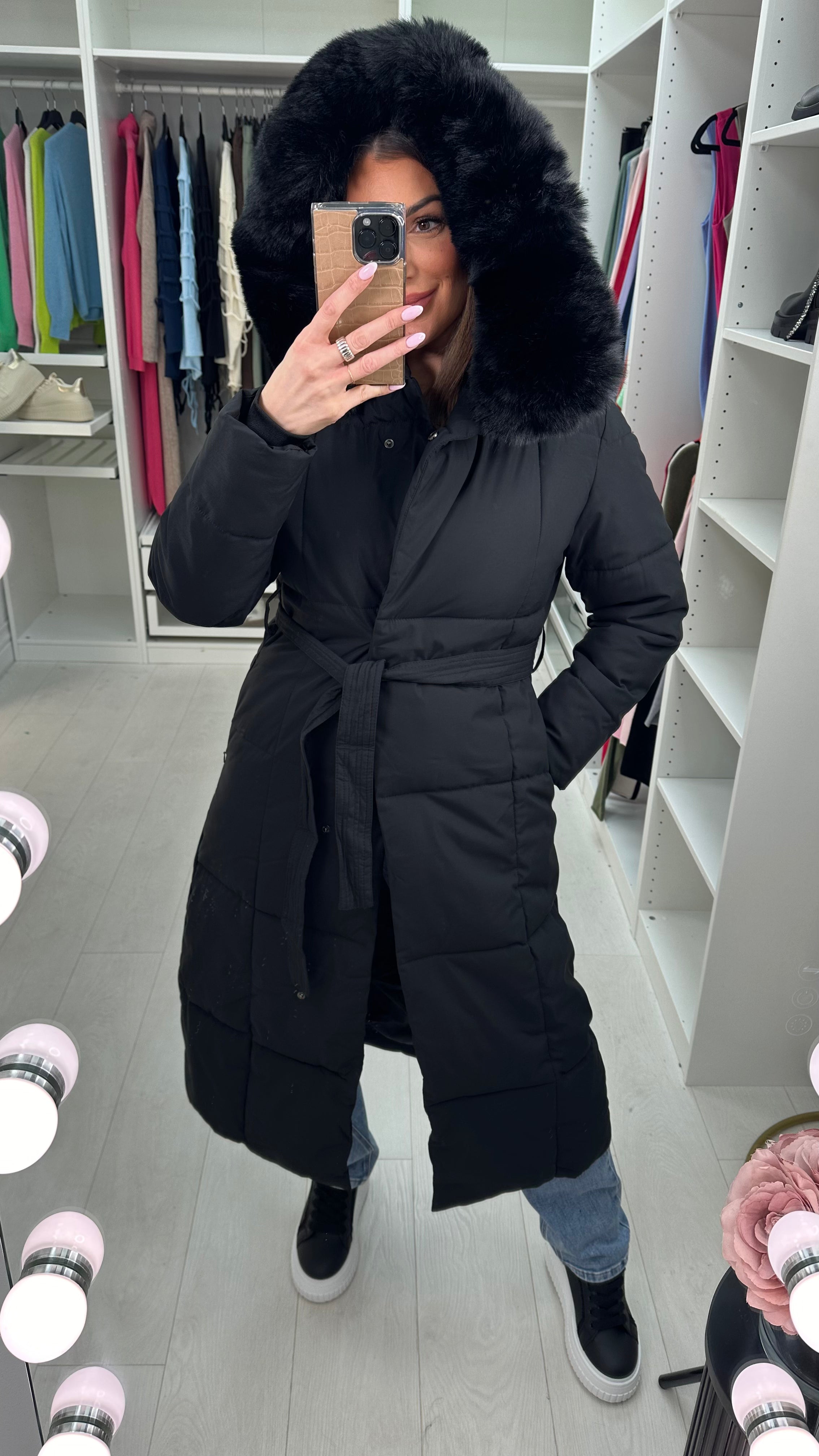 Dixy Faux Fur Hooded Belted Coat