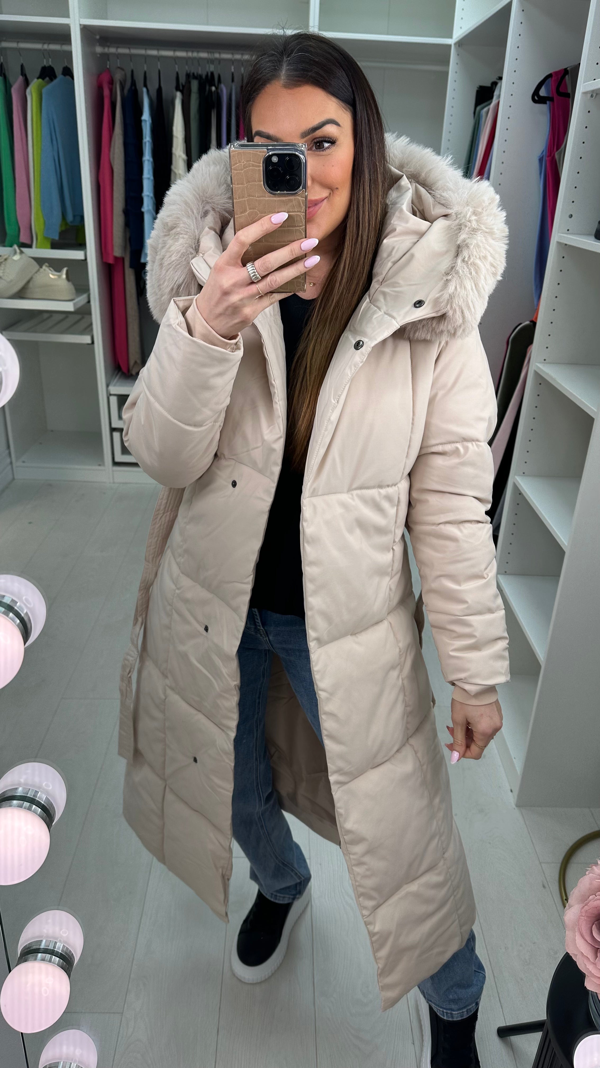 Dixy Faux Fur Hooded Belted Coat
