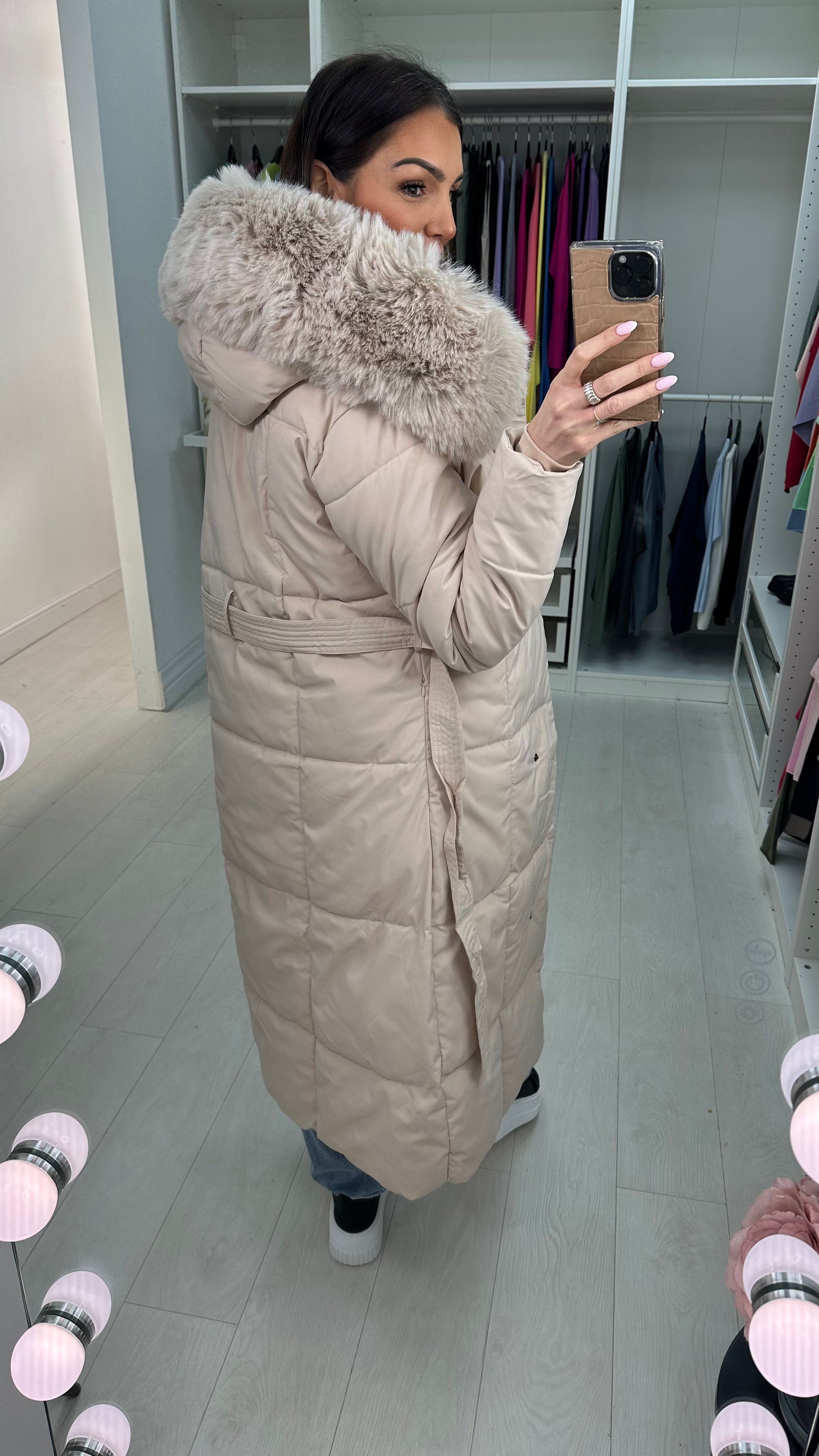 Dixy Faux Fur Hooded Belted Coat