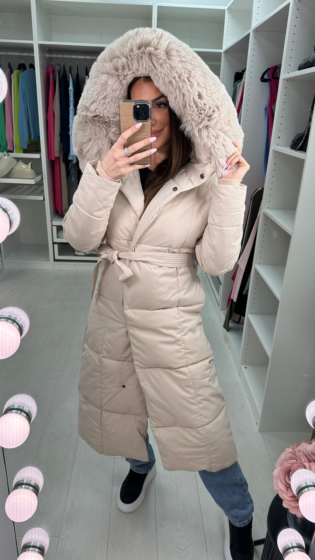 Dixy Faux Fur Hooded Belted Coat