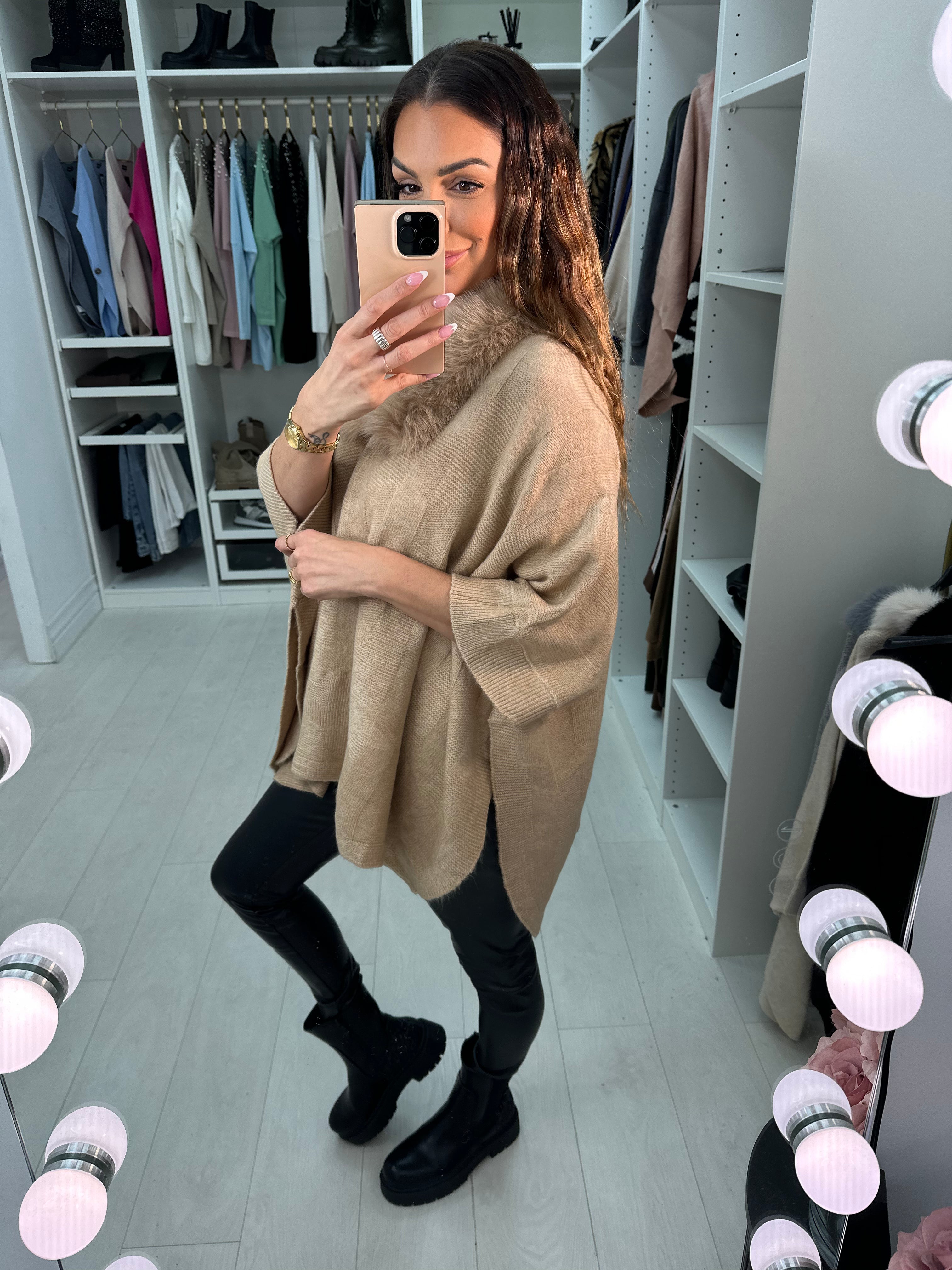 Karsyn Faux Fur Trim Knitted Poncho