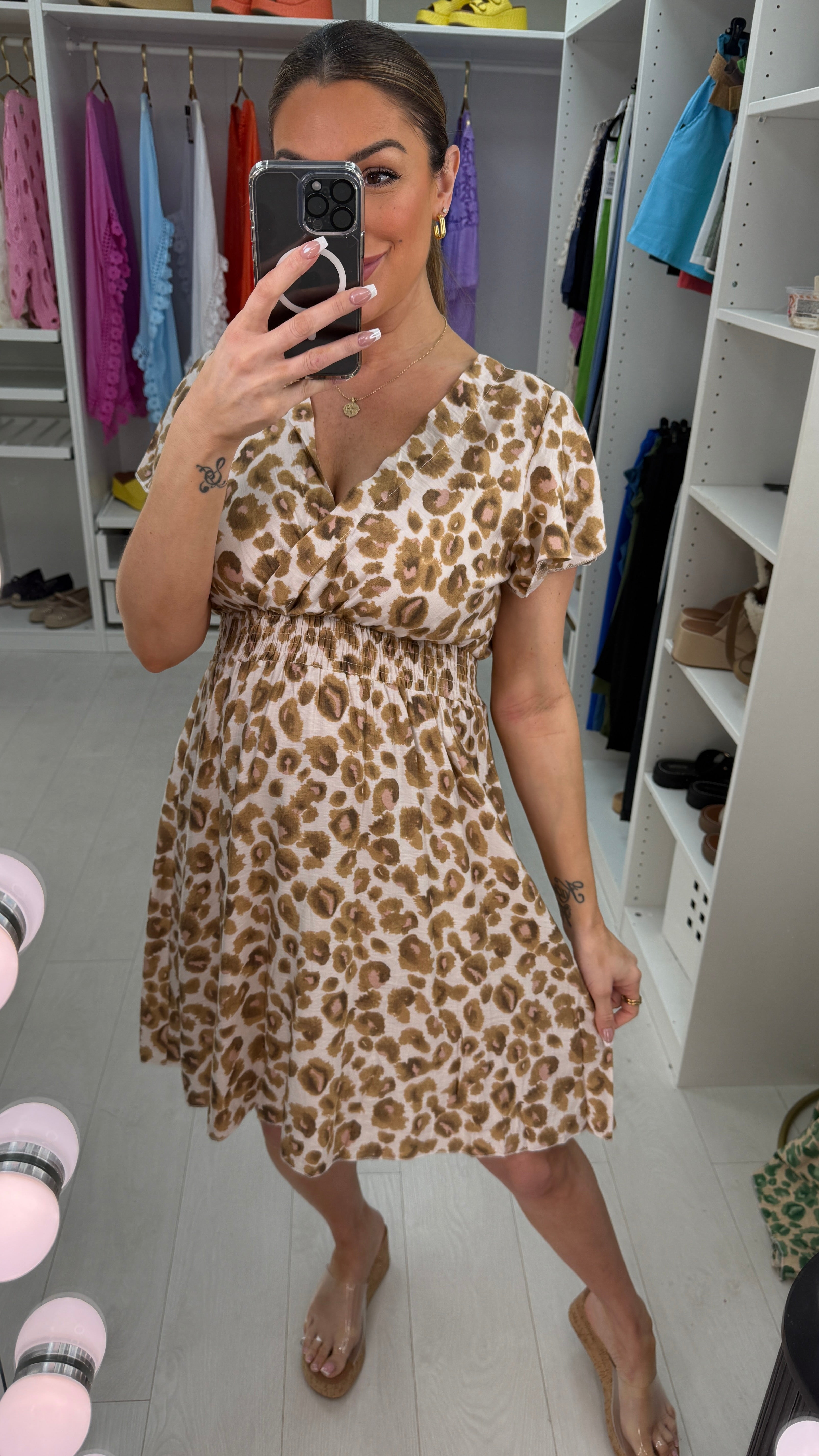 Kaylani Leopard Print Deep V Neck Midi Dress