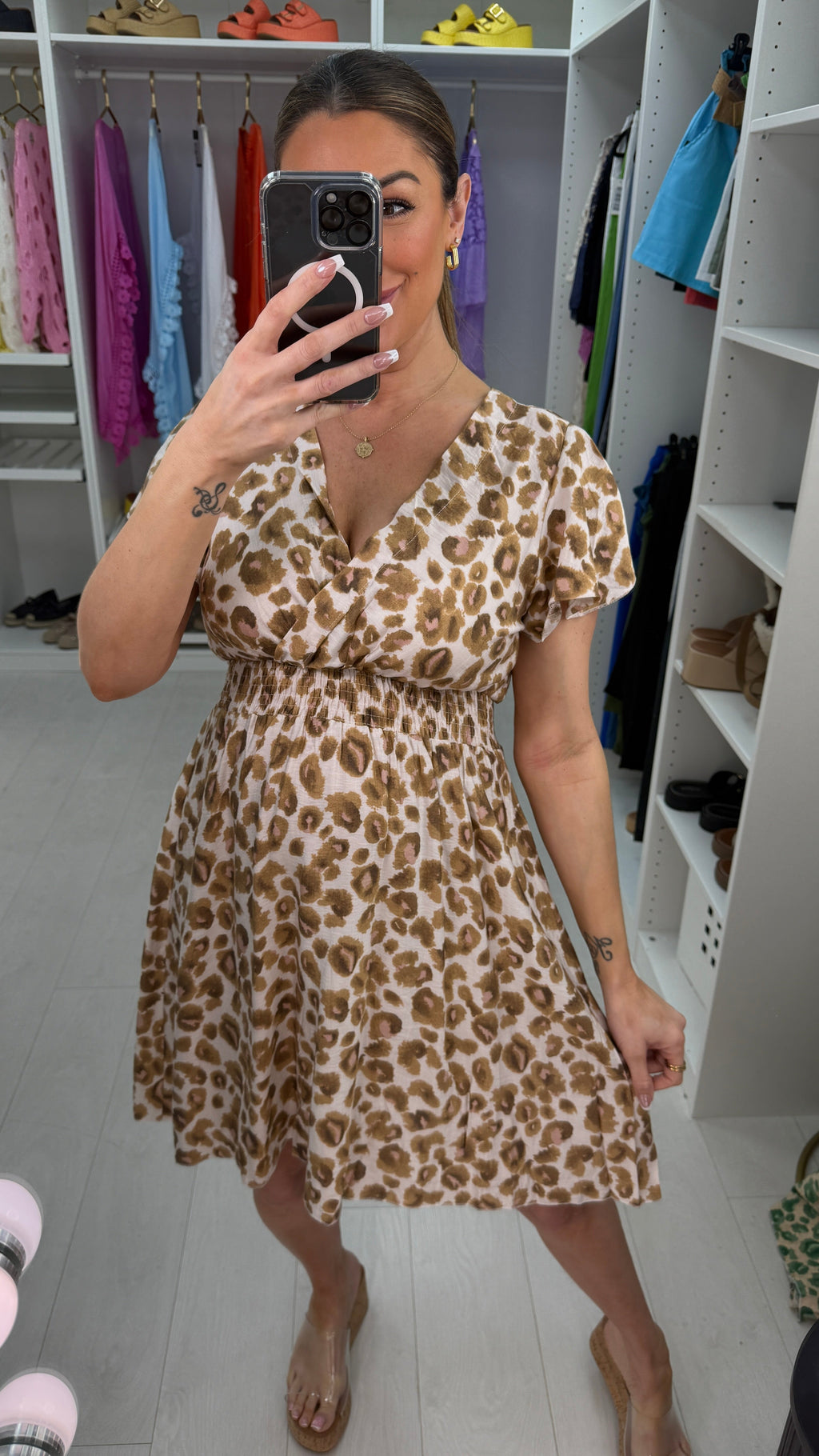 Kaylani Leopard Print Deep V Neck Midi Dress