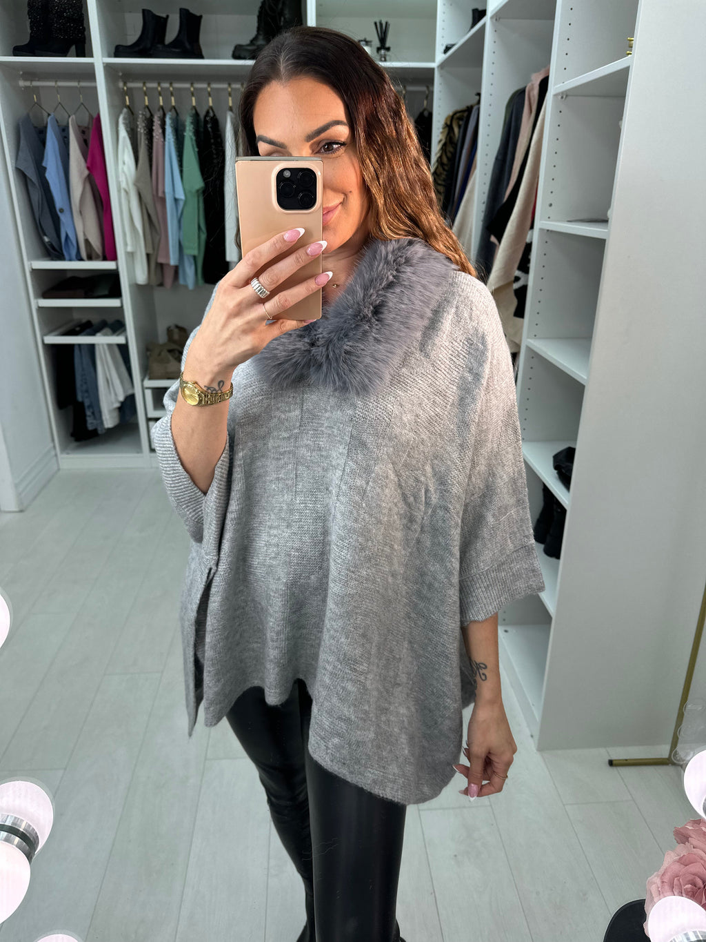 Karsyn Faux Fur Trim Knitted Poncho