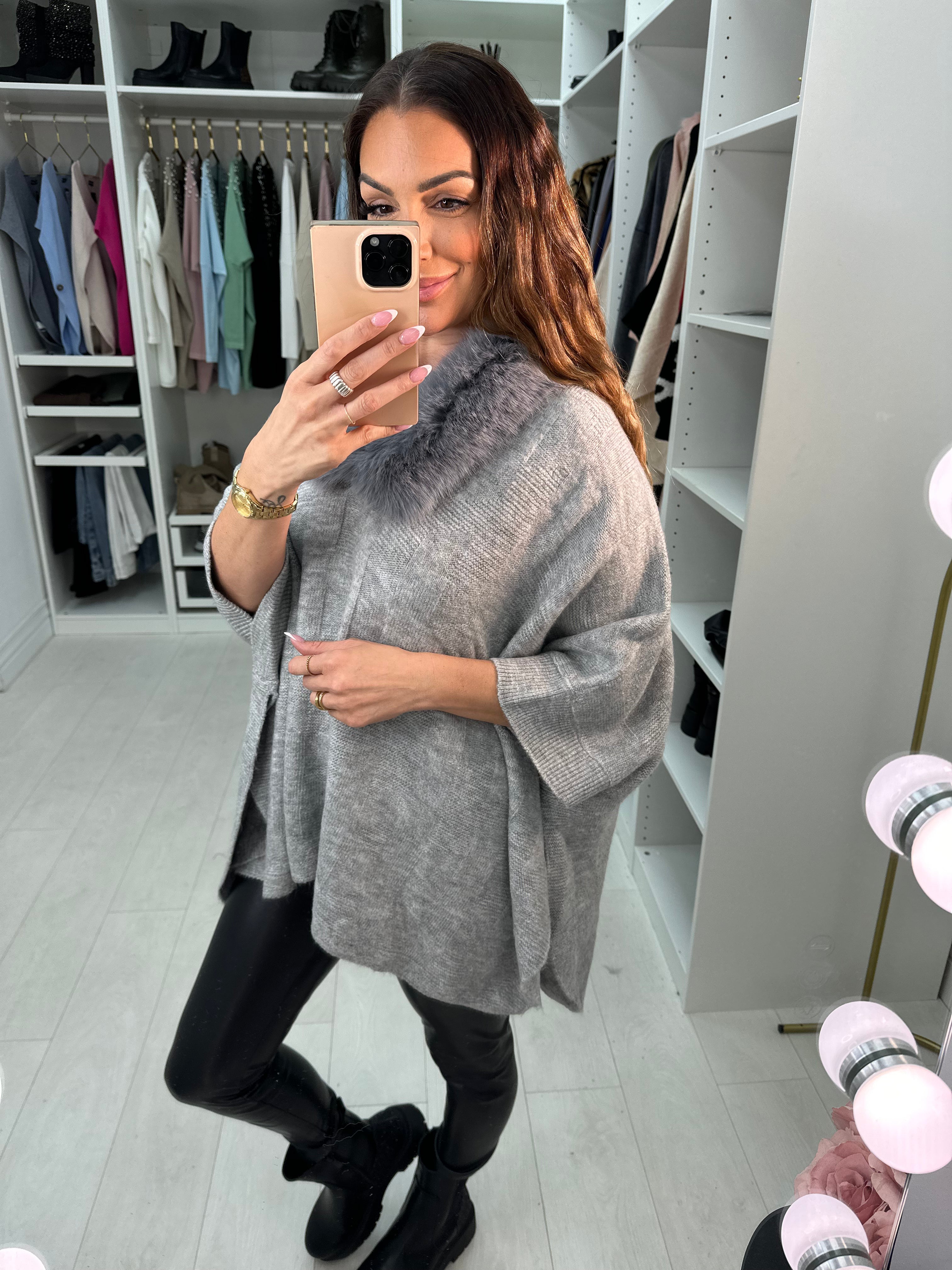 Karsyn Faux Fur Trim Knitted Poncho