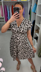 Kaylani Leopard Print Deep V Neck Midi Dress