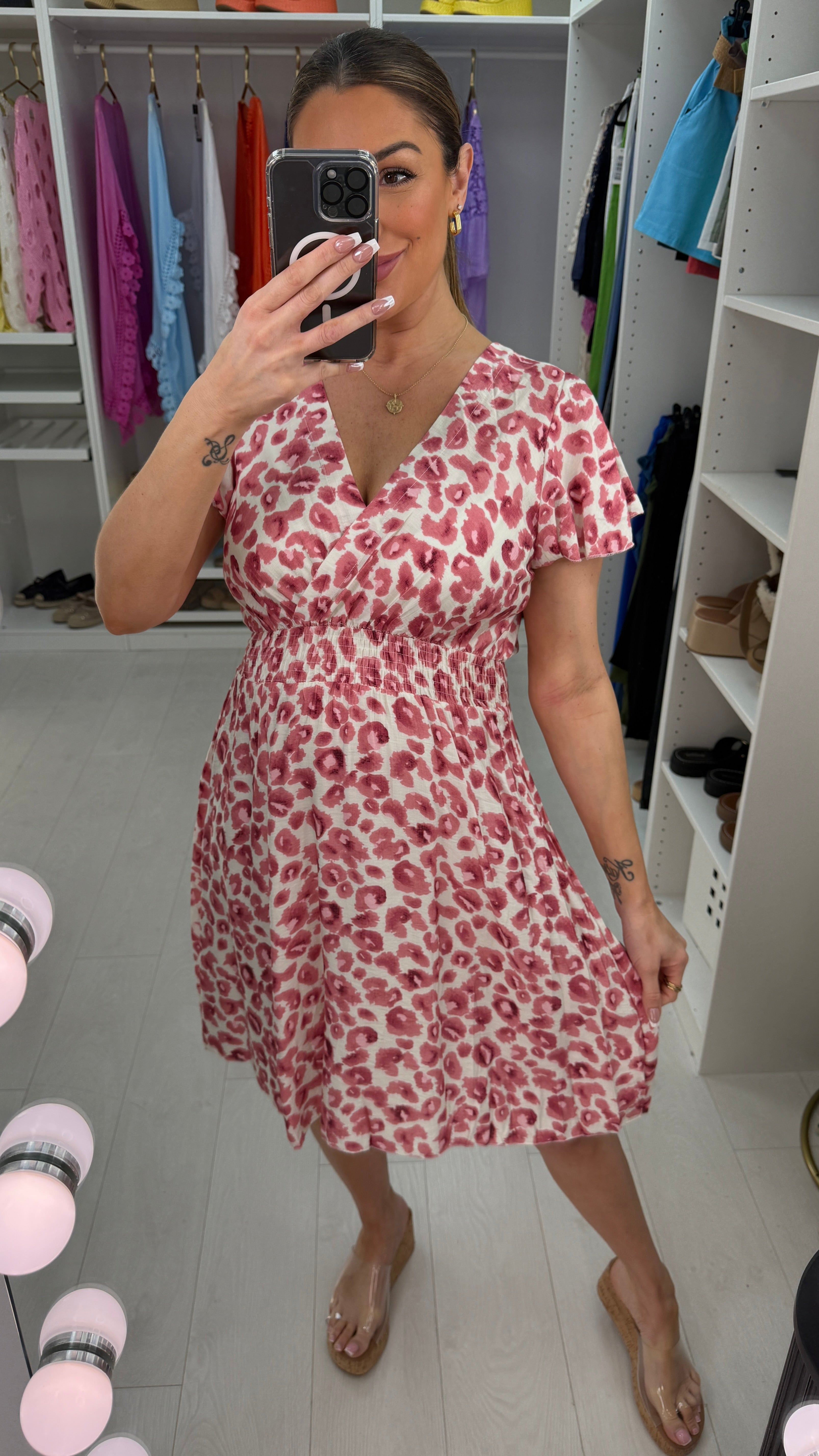 Kaylani Leopard Print Deep V Neck Midi Dress