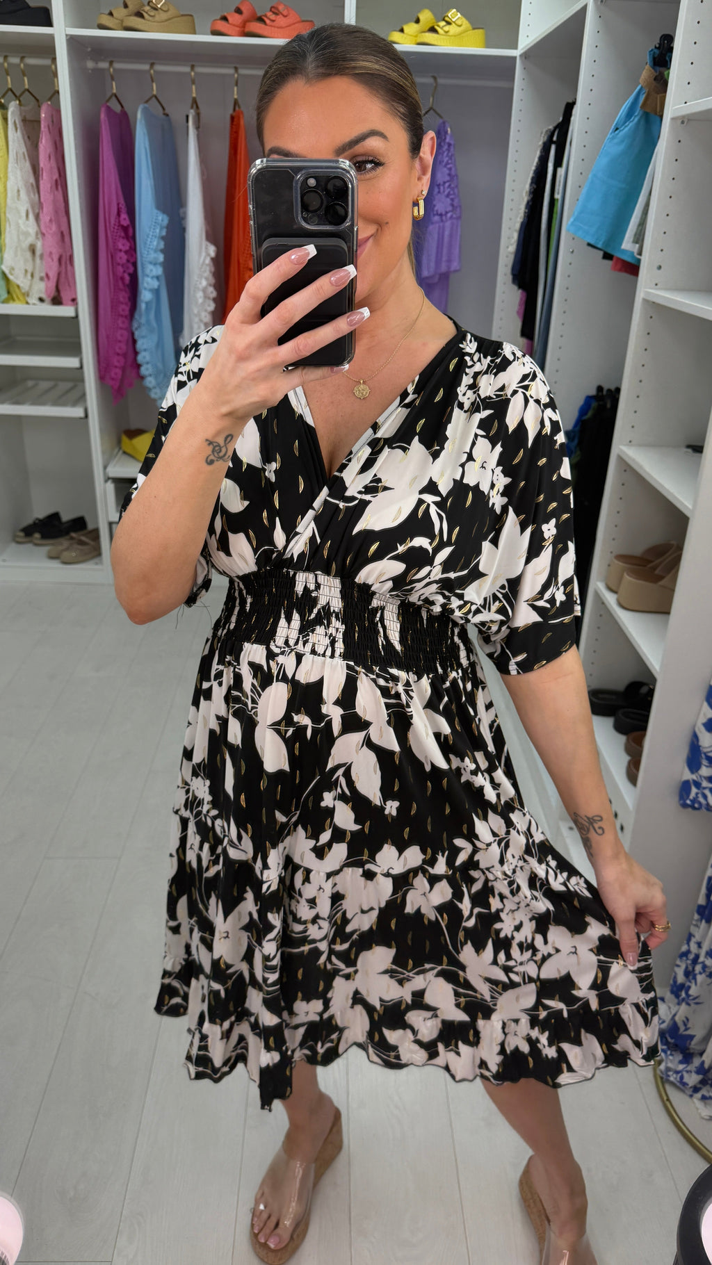 Odette Abstract Leaf Print Frill Hem Magic Midi Dress