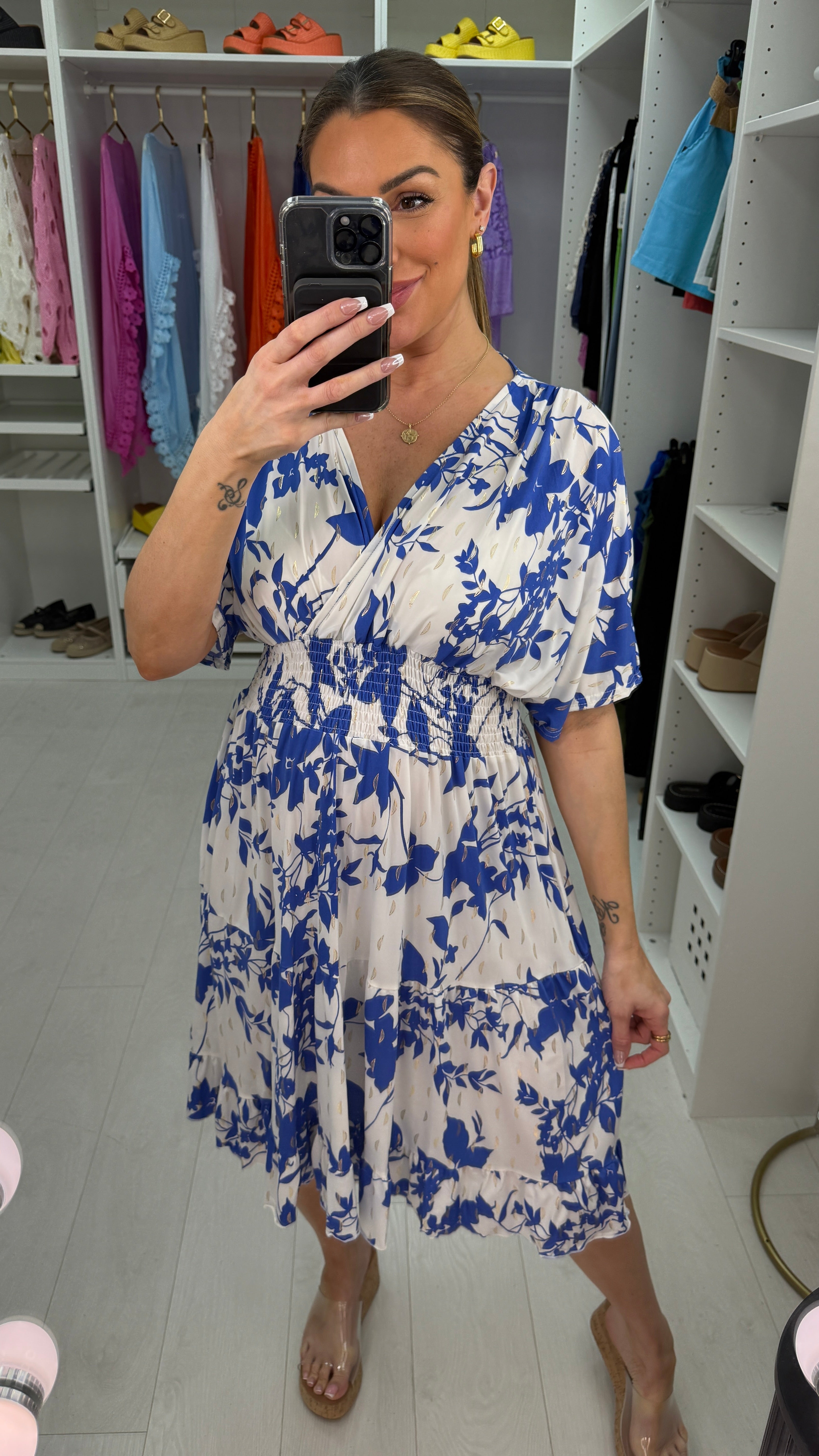 Odette Abstract Leaf Print Frill Hem Magic Midi Dress