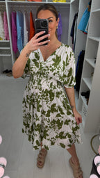 Odette Abstract Leaf Print Frill Hem Magic Midi Dress