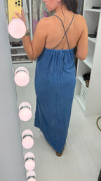 Orla Cross Back Denim Look Maxi Dress