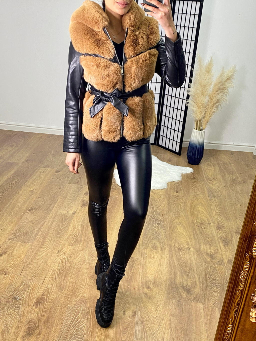 Kynlee Tan Faux Fur Panelled Black Faux Leather Belted Jacket