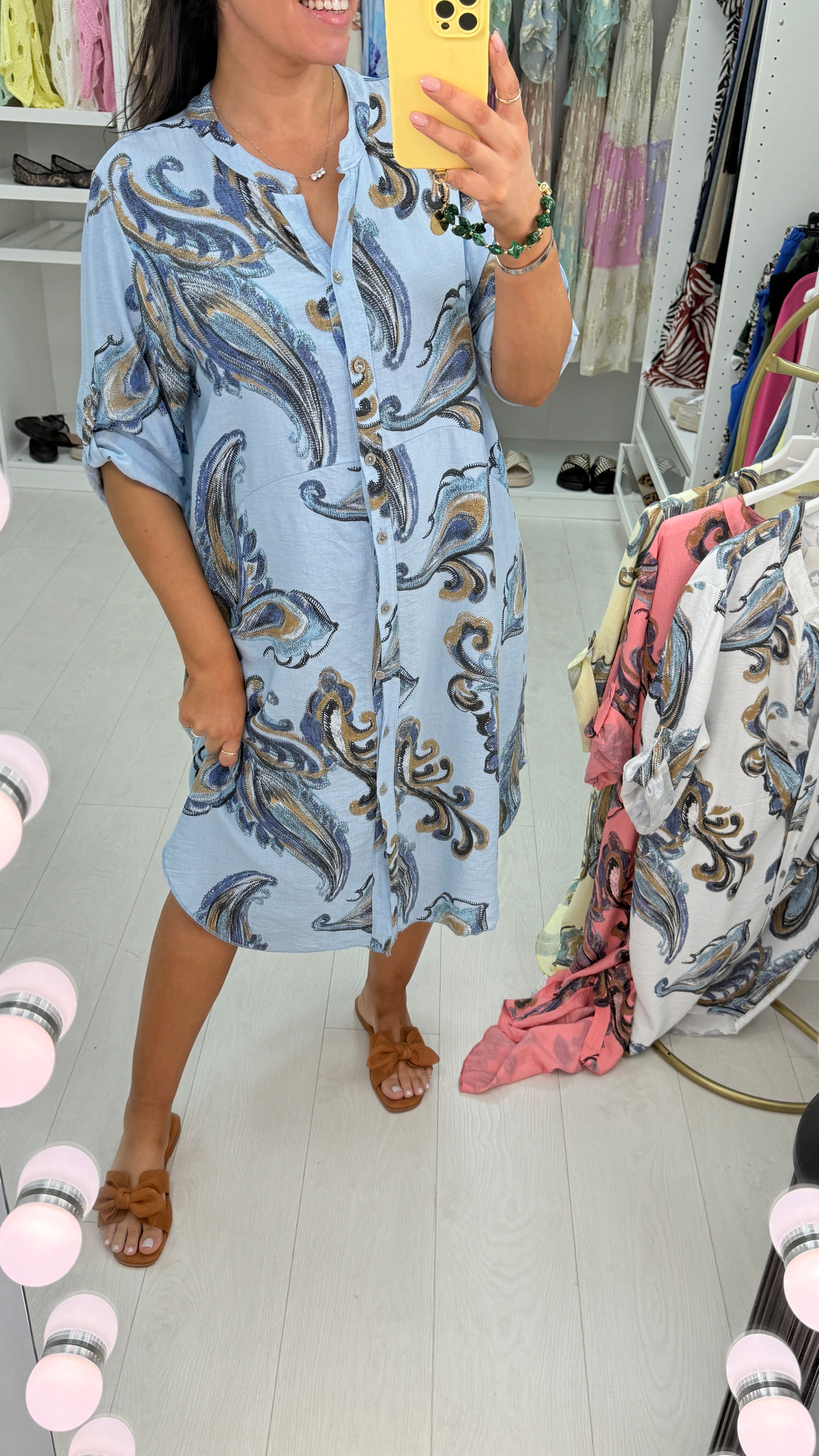 Lenette Paisley Print Loose Fit Button Front Dress