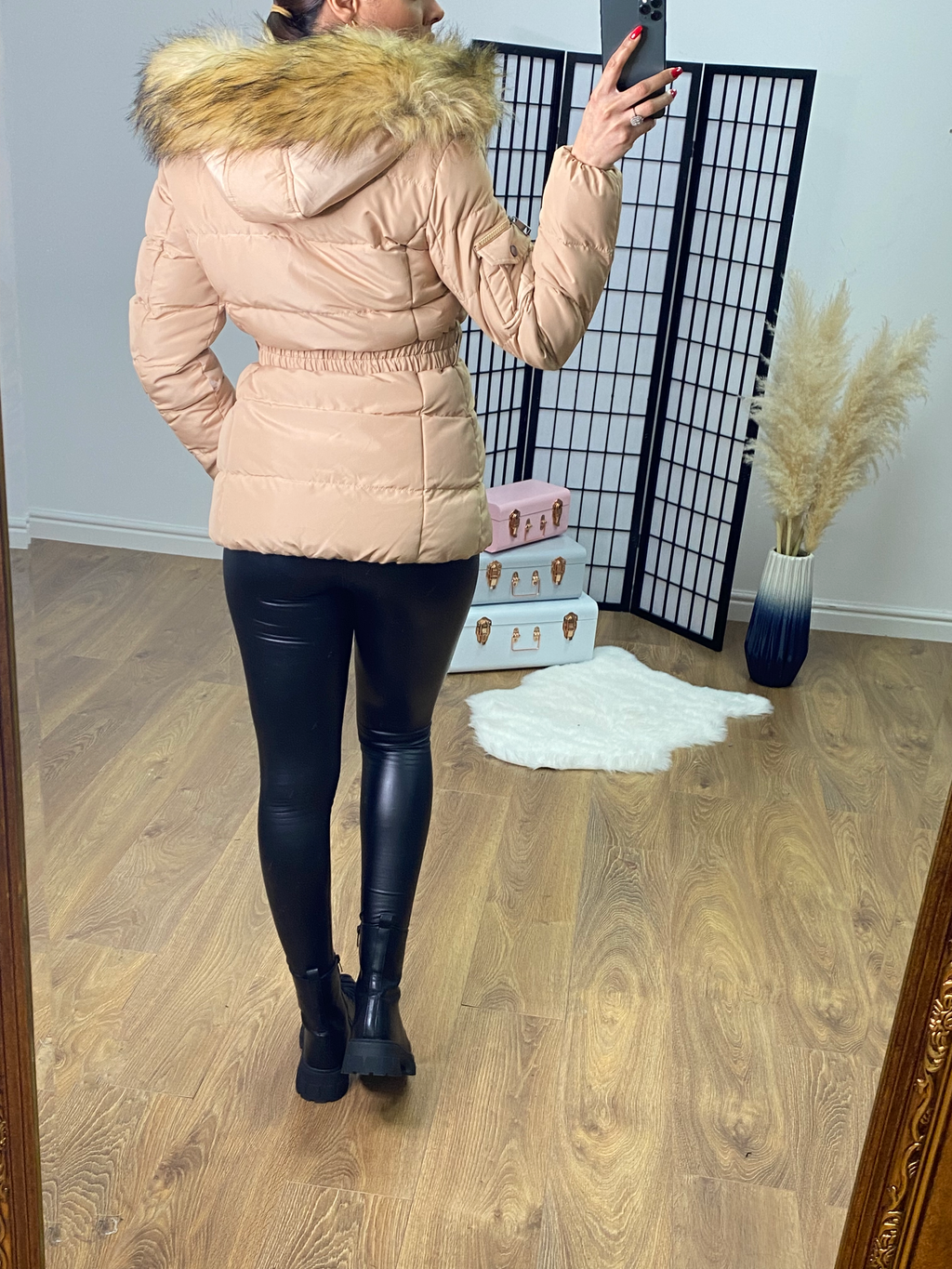 Luna Camel Padded Faux Fur Belted Coat