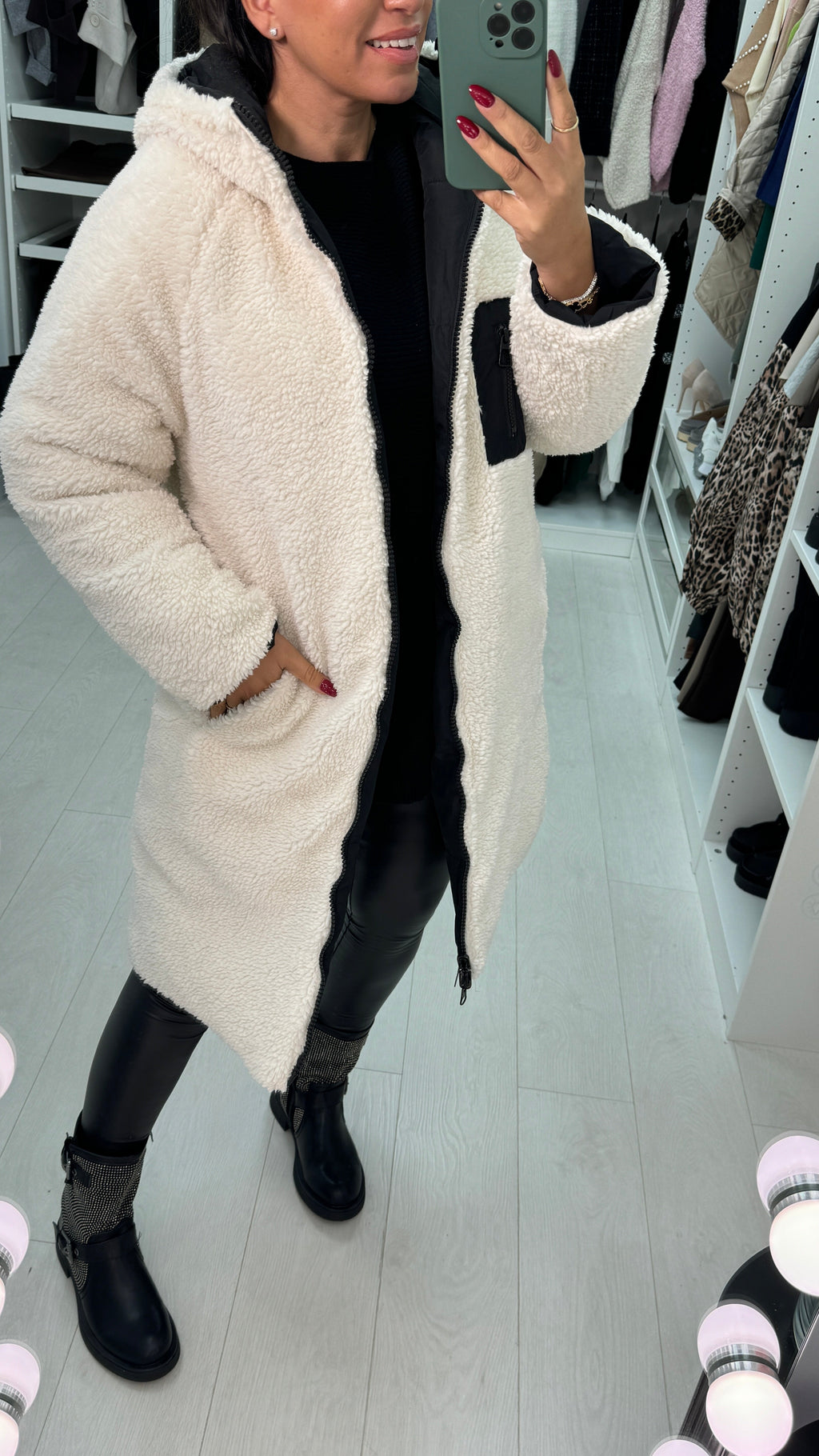 Gracia Reversible Black Padded/Cream Borg Coat