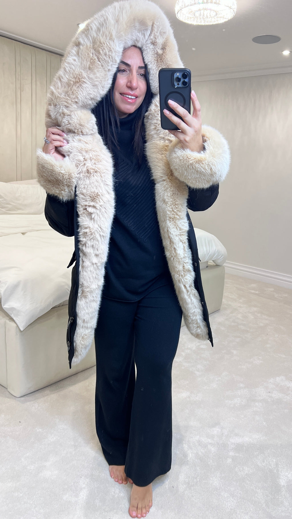 Vienna Black/Beige Luxury Faux Fur Trim Coat