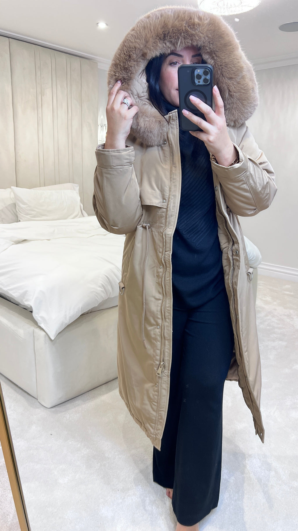 Caylee Camel Faux Fur Hooded Coat