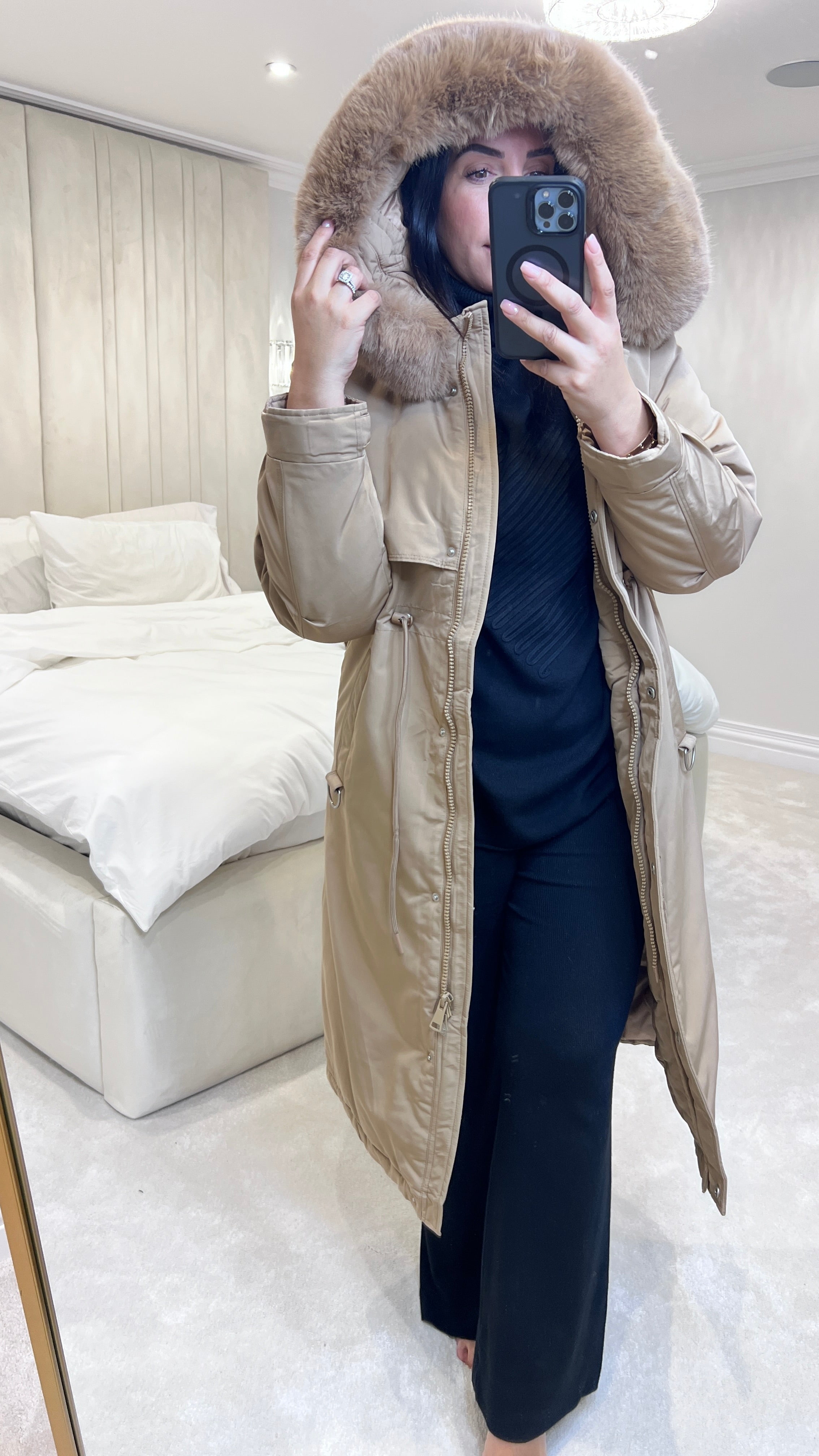 Caylee Camel Faux Fur Hooded Coat