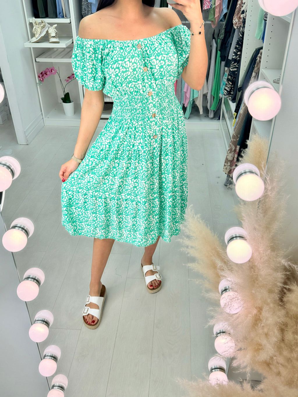 Misha Patterned Button Detail Midi Dress
