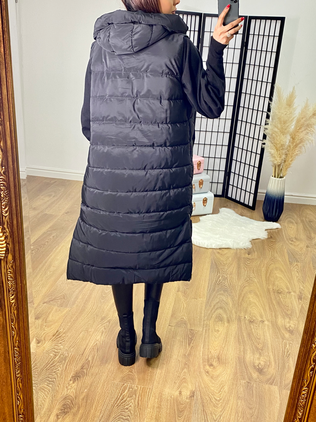 Ellison Black Hooded Longline Puffer Gilet
