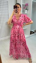 Francene Floral Print V Neck Floaty Maxi Dress