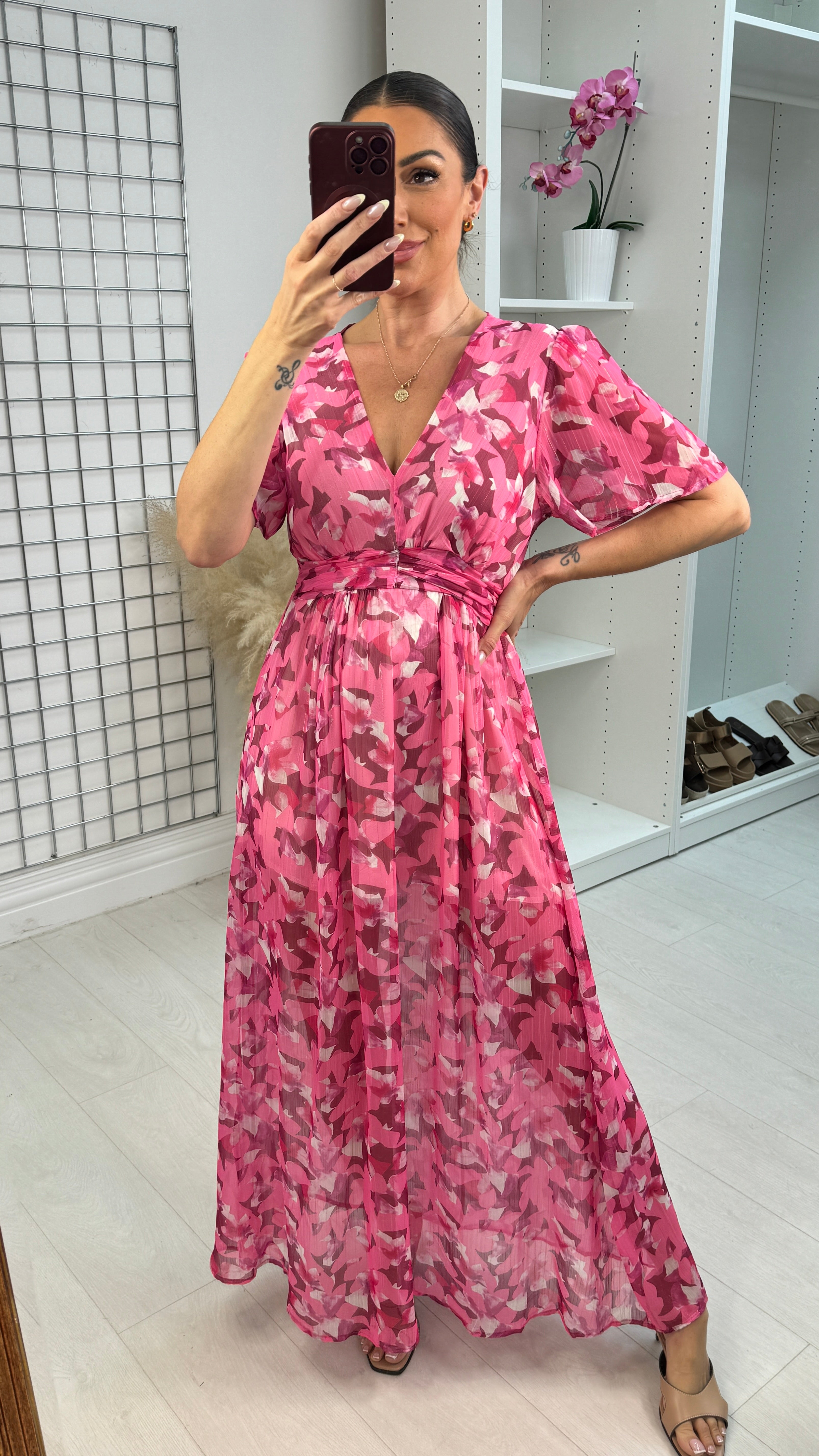 Francene Floral Print V Neck Floaty Maxi Dress