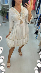 Quinta Embellished V Neck Shirred Waist Midi Dress