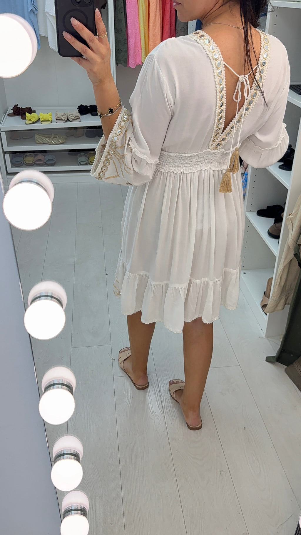Quinta Embellished V Neck Shirred Waist Midi Dress