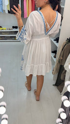 Quinta Embellished V Neck Shirred Waist Midi Dress