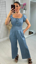 Xylon Denim Shirred Waist Jumpsuit