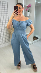 Xylon Denim Shirred Waist Jumpsuit