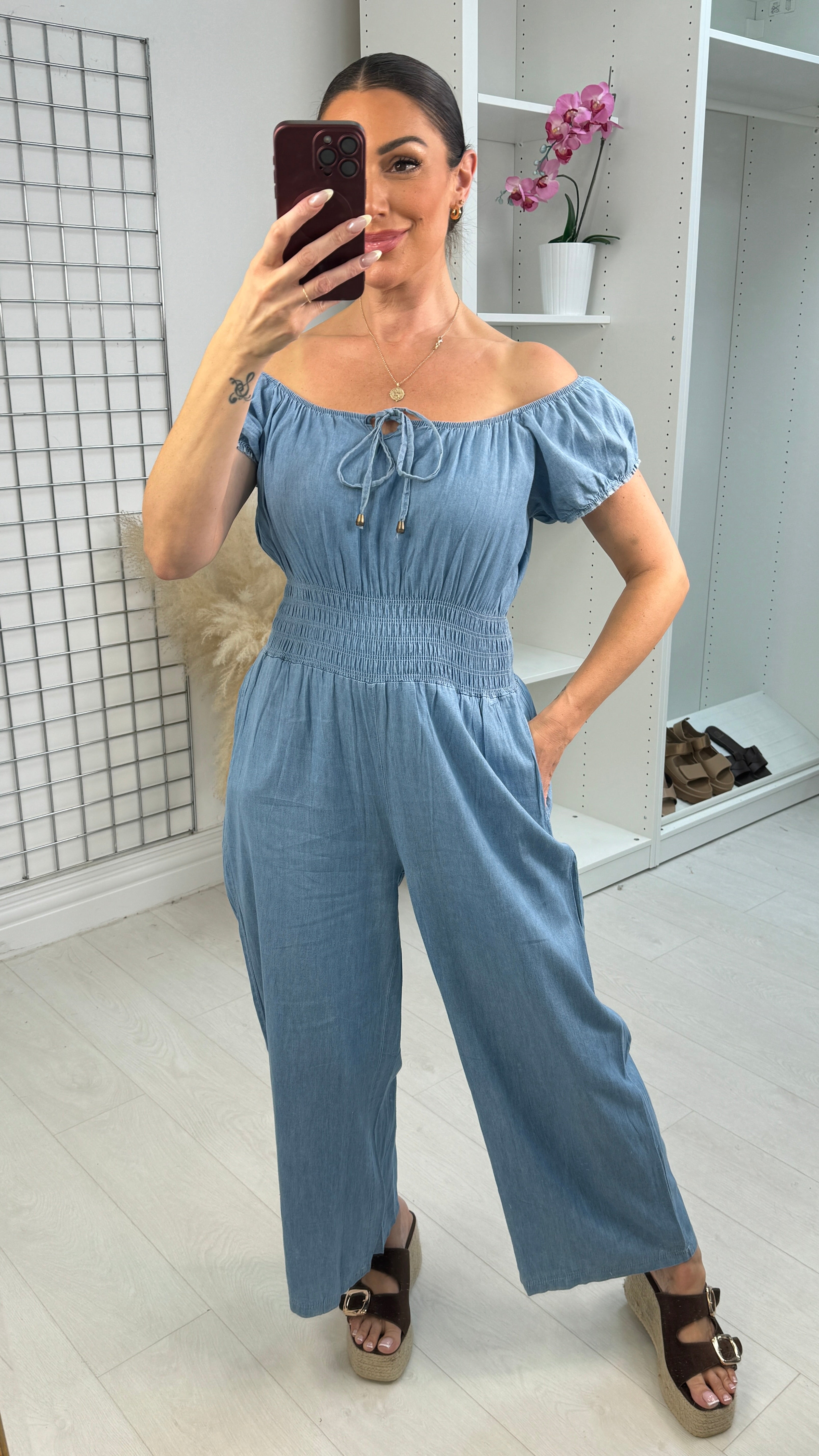 Xylon Denim Shirred Waist Jumpsuit