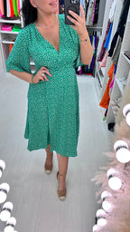 Evset Emerald Ditsy Print Wrap Midi Dress