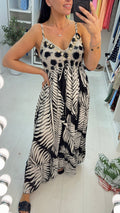 Avaline Embellished Crochet Bust Leaf Print Maxi Dress