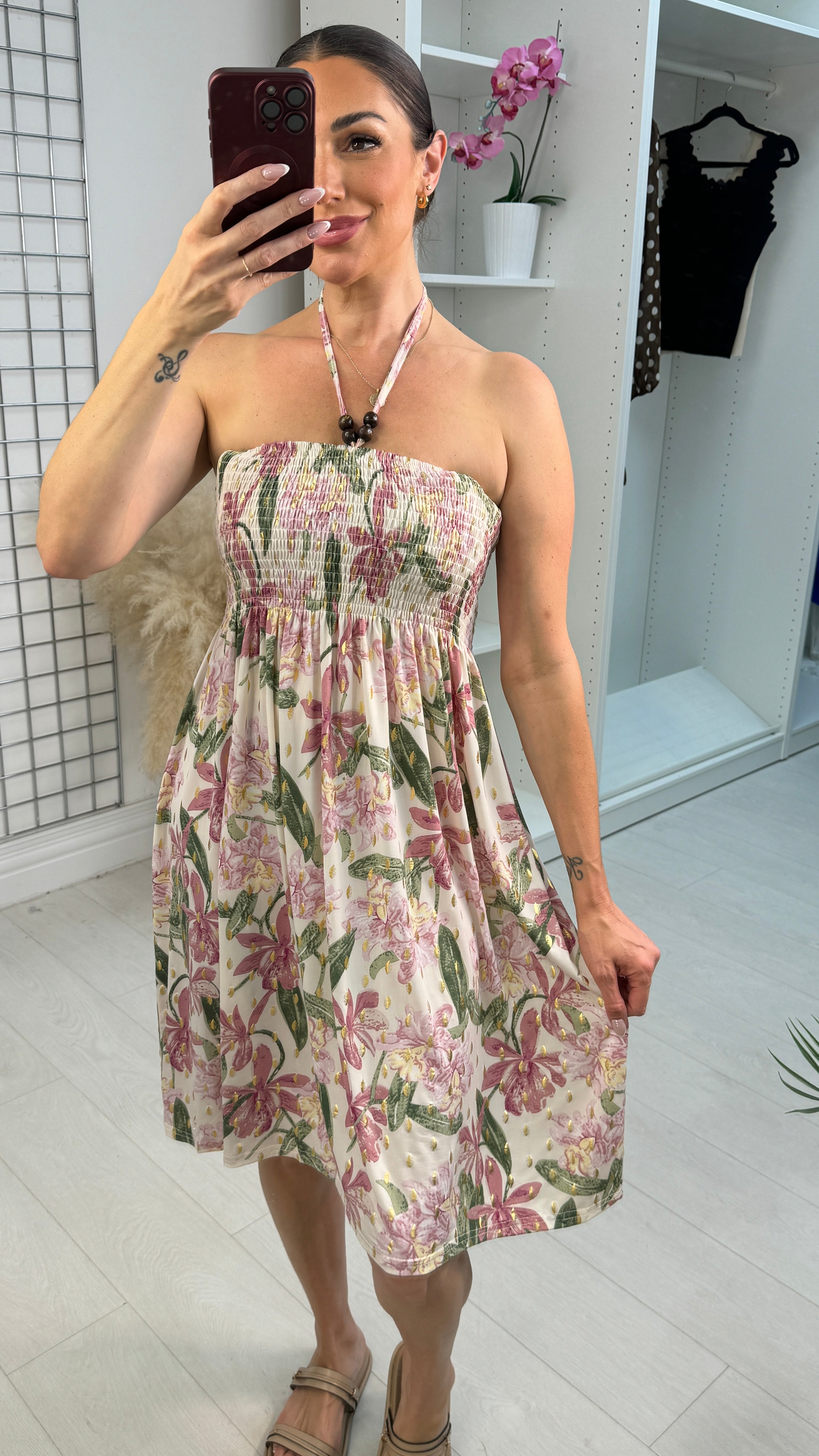 Dannie Floral Print Shirred Bust Magic Midi Dress