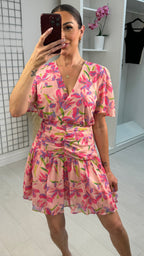 Fredica Floral Print Shirred Waist Midi Dress