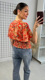 Hilana Floral Print Deep V Neck Blouse