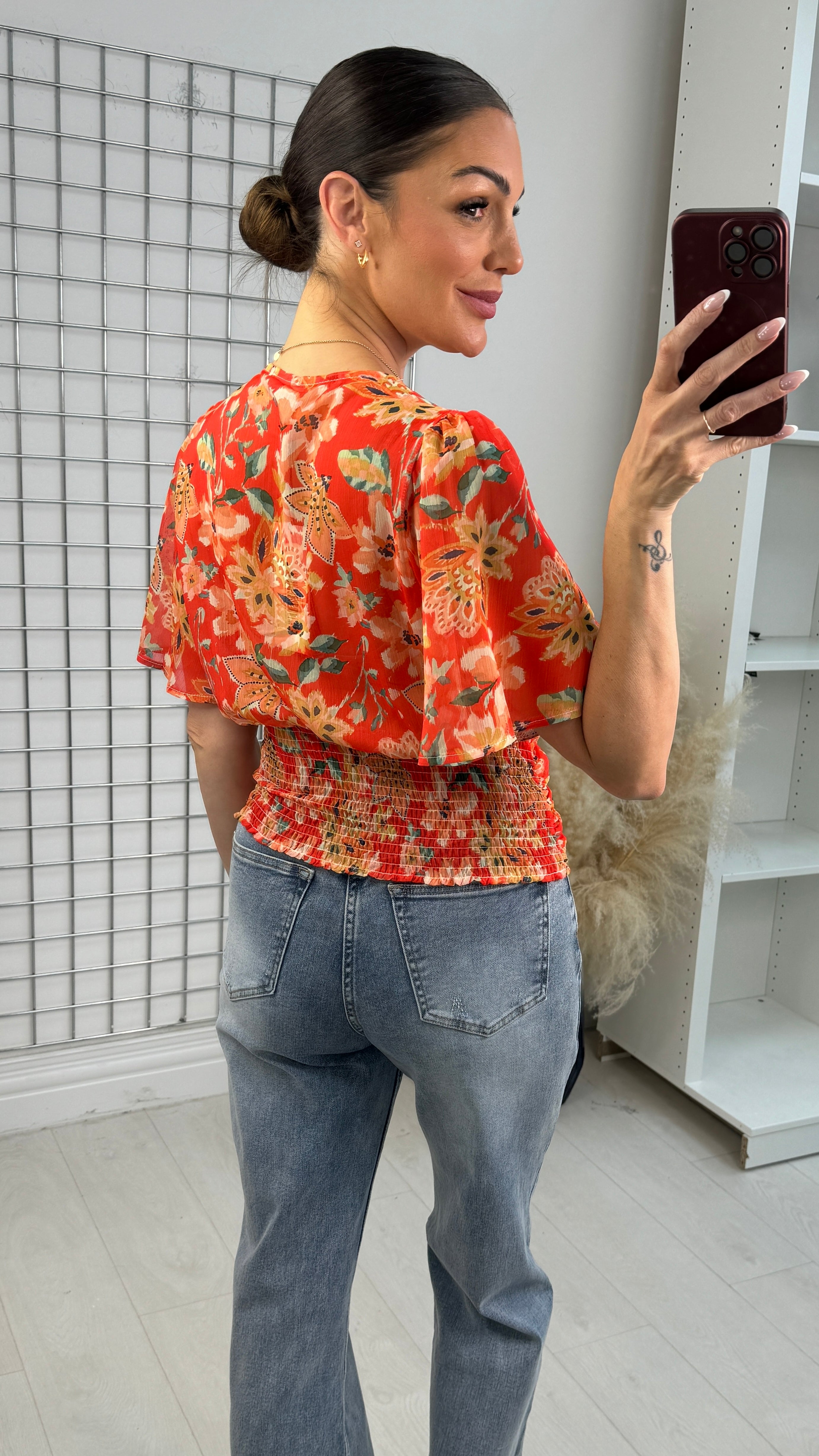 Hilana Floral Print Deep V Neck Blouse