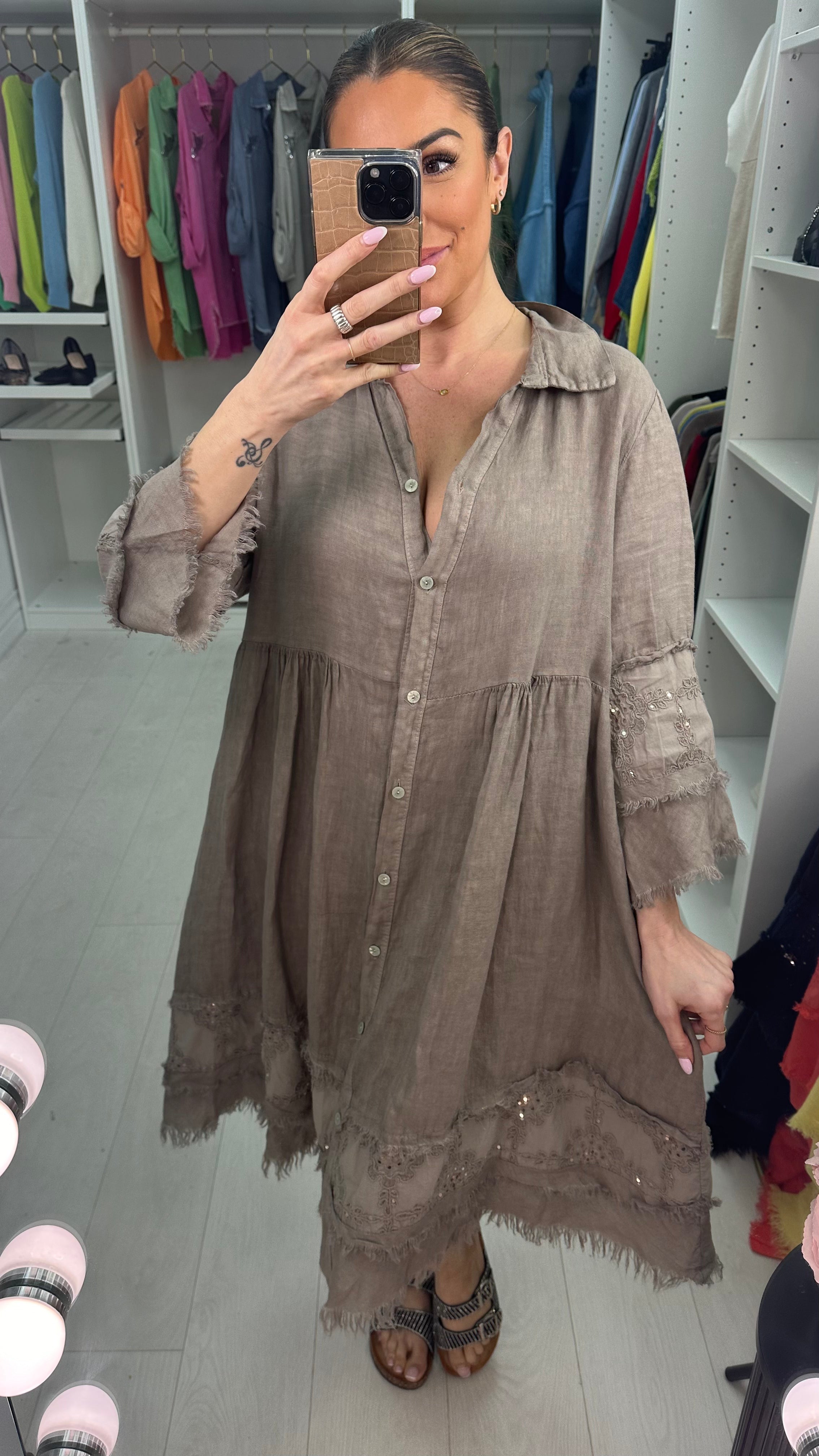 Penny Button Front Embellished Linen Dress