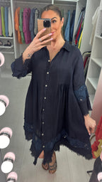 Penny Button Front Embellished Linen Dress