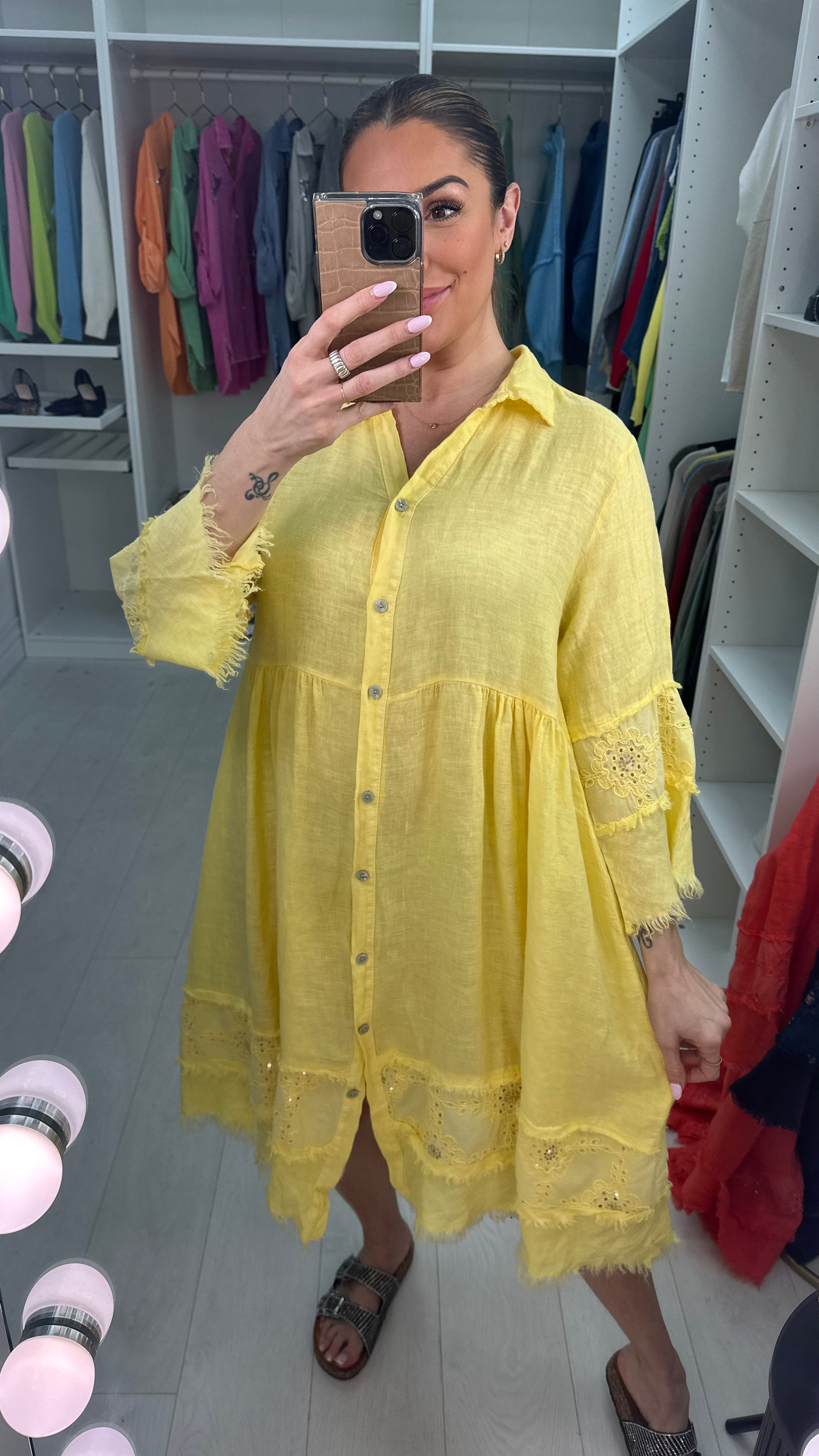 Penny Button Front Embellished Linen Dress