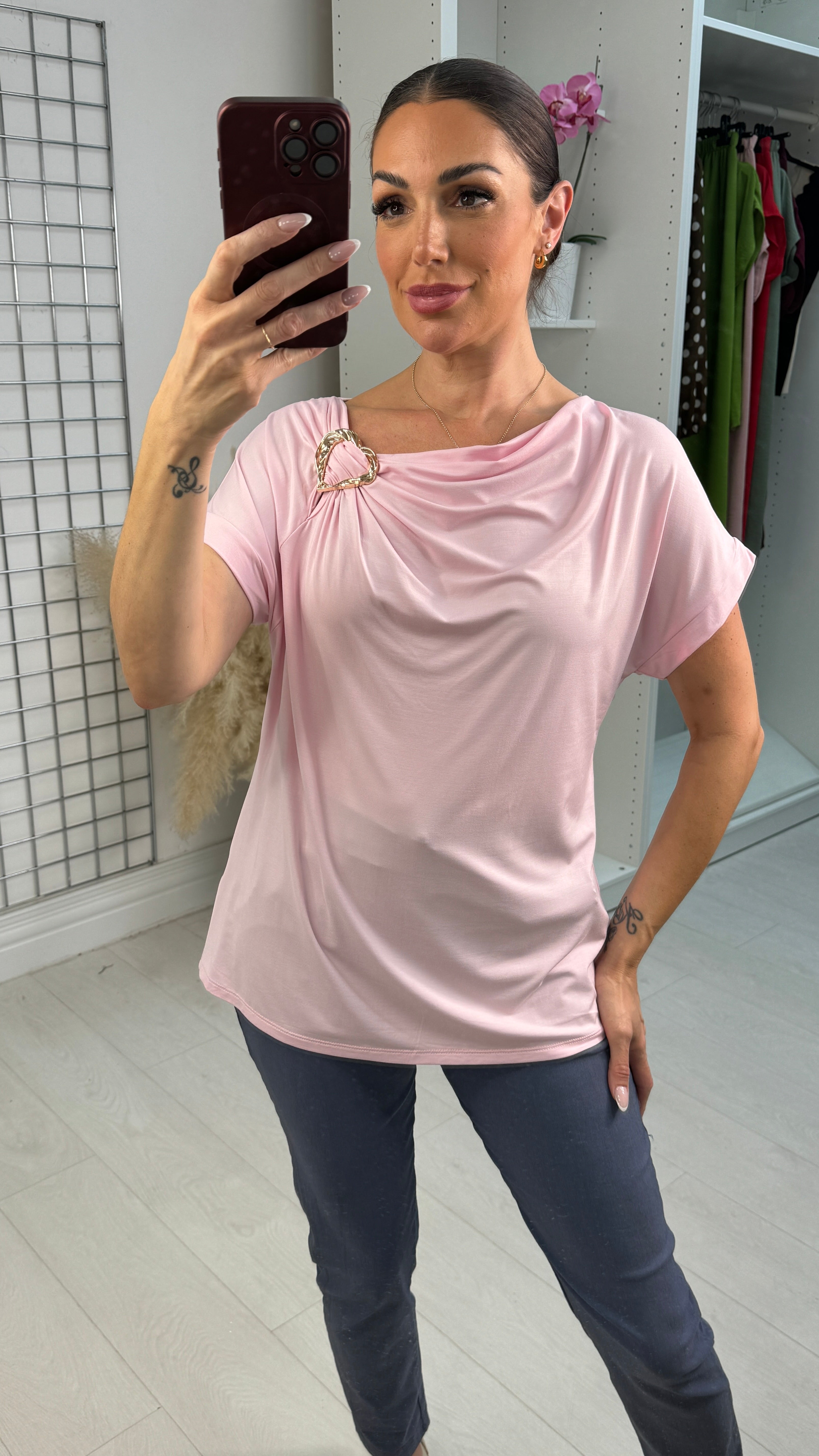 Beth Plain Metallic Detailed Cowl Neck Top