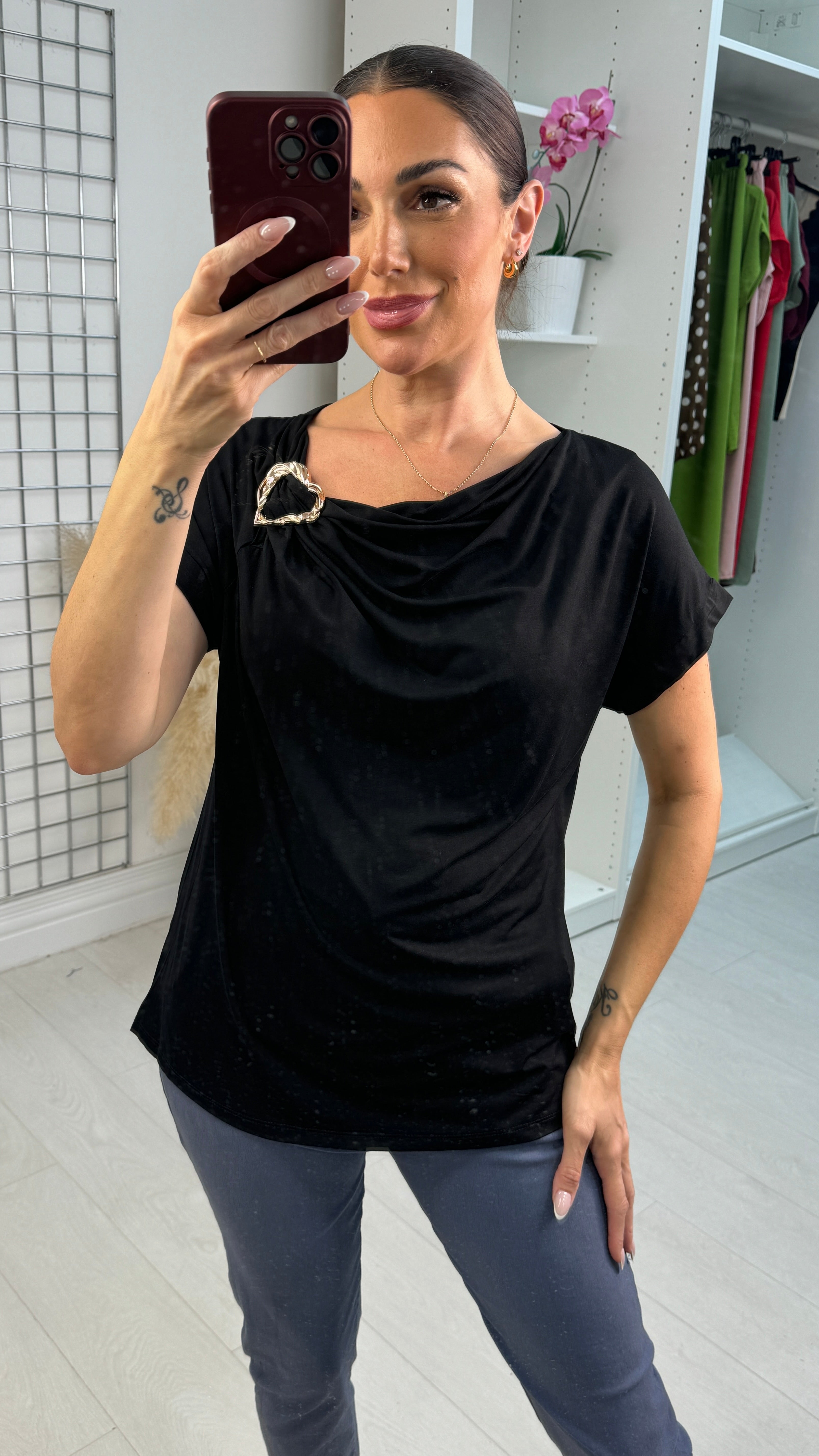 Beth Plain Metallic Detailed Cowl Neck Top