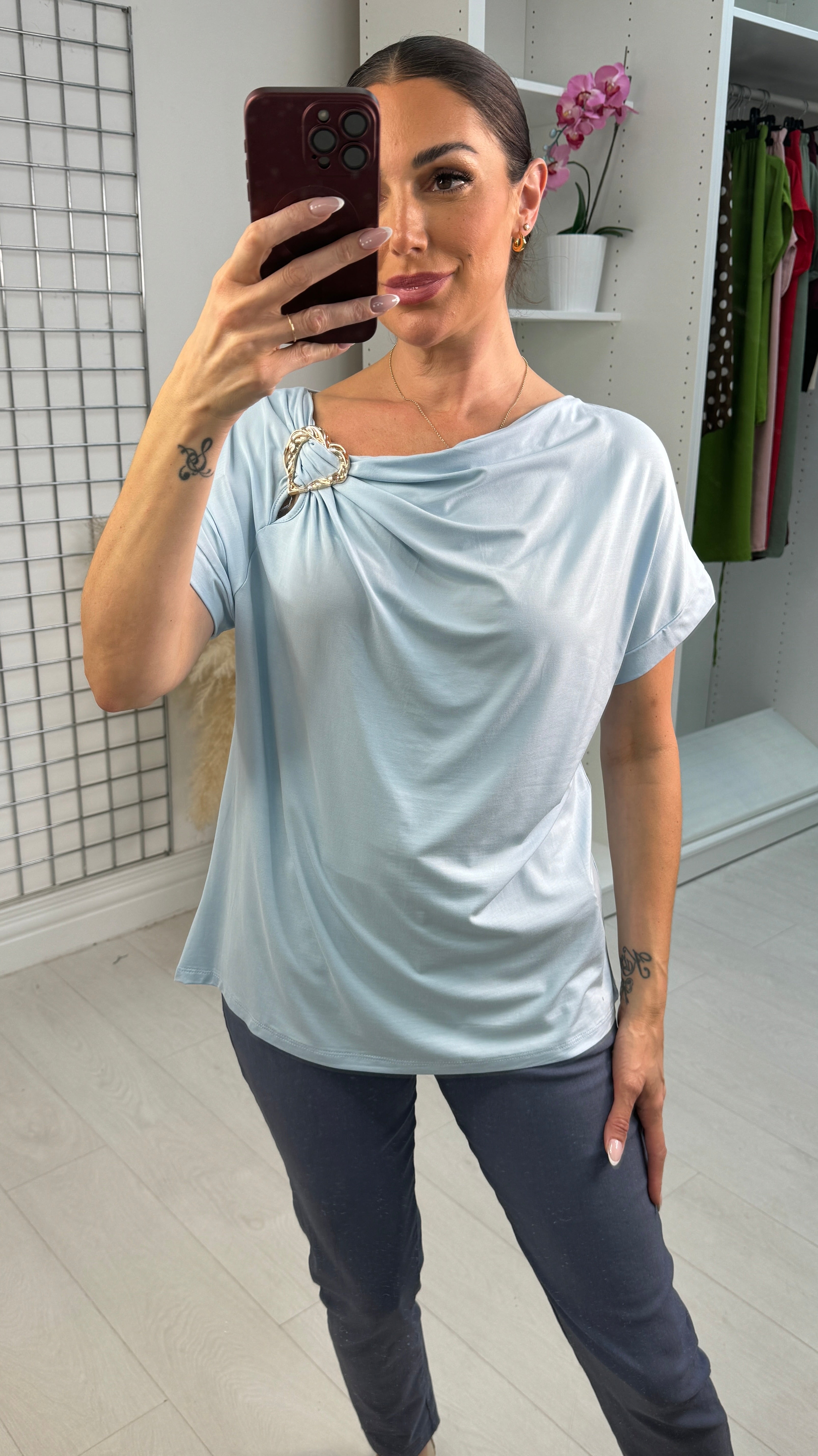 Beth Plain Metallic Detailed Cowl Neck Top