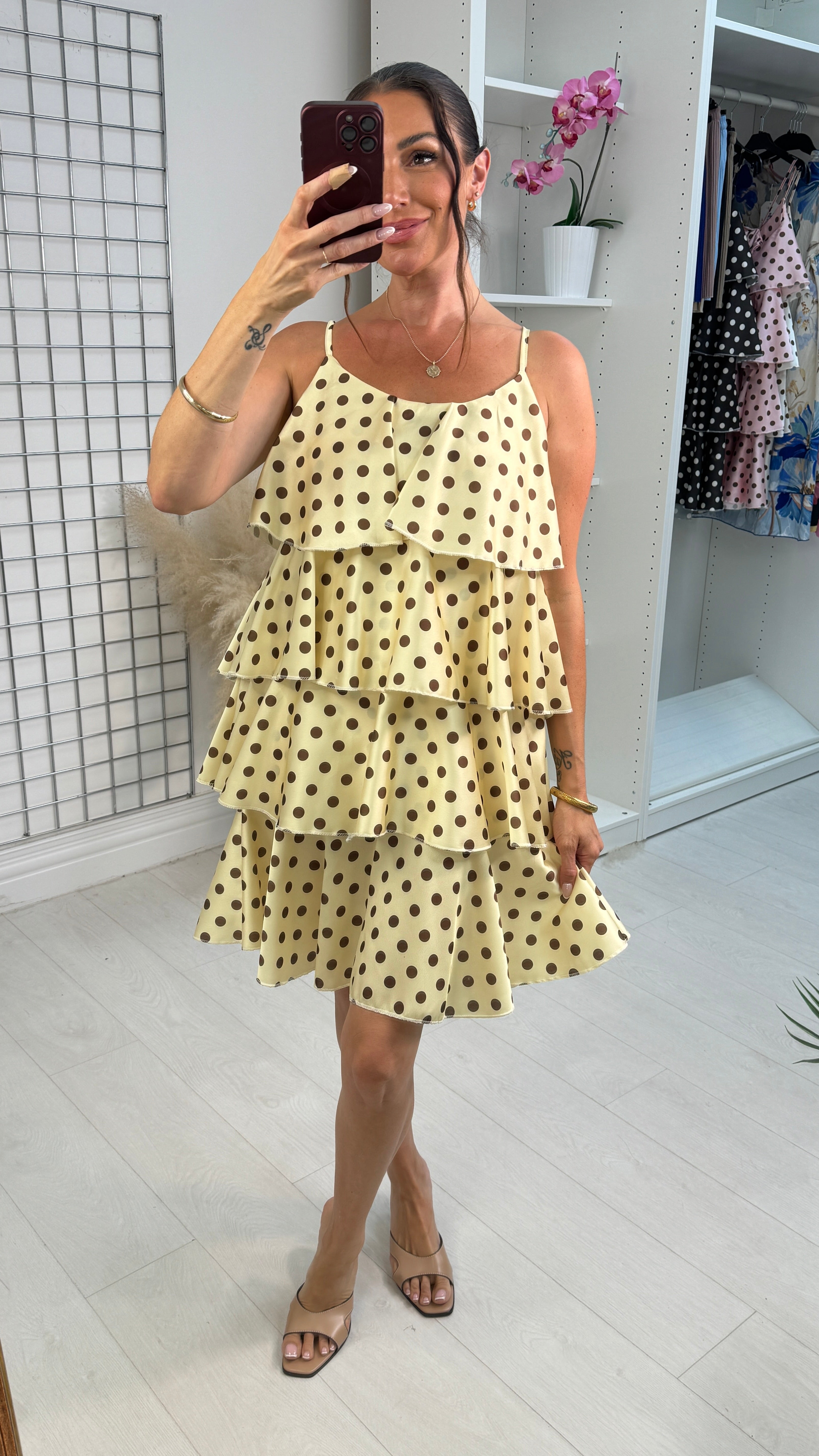 Amara Polka Dot Strappy Ruffle Dress