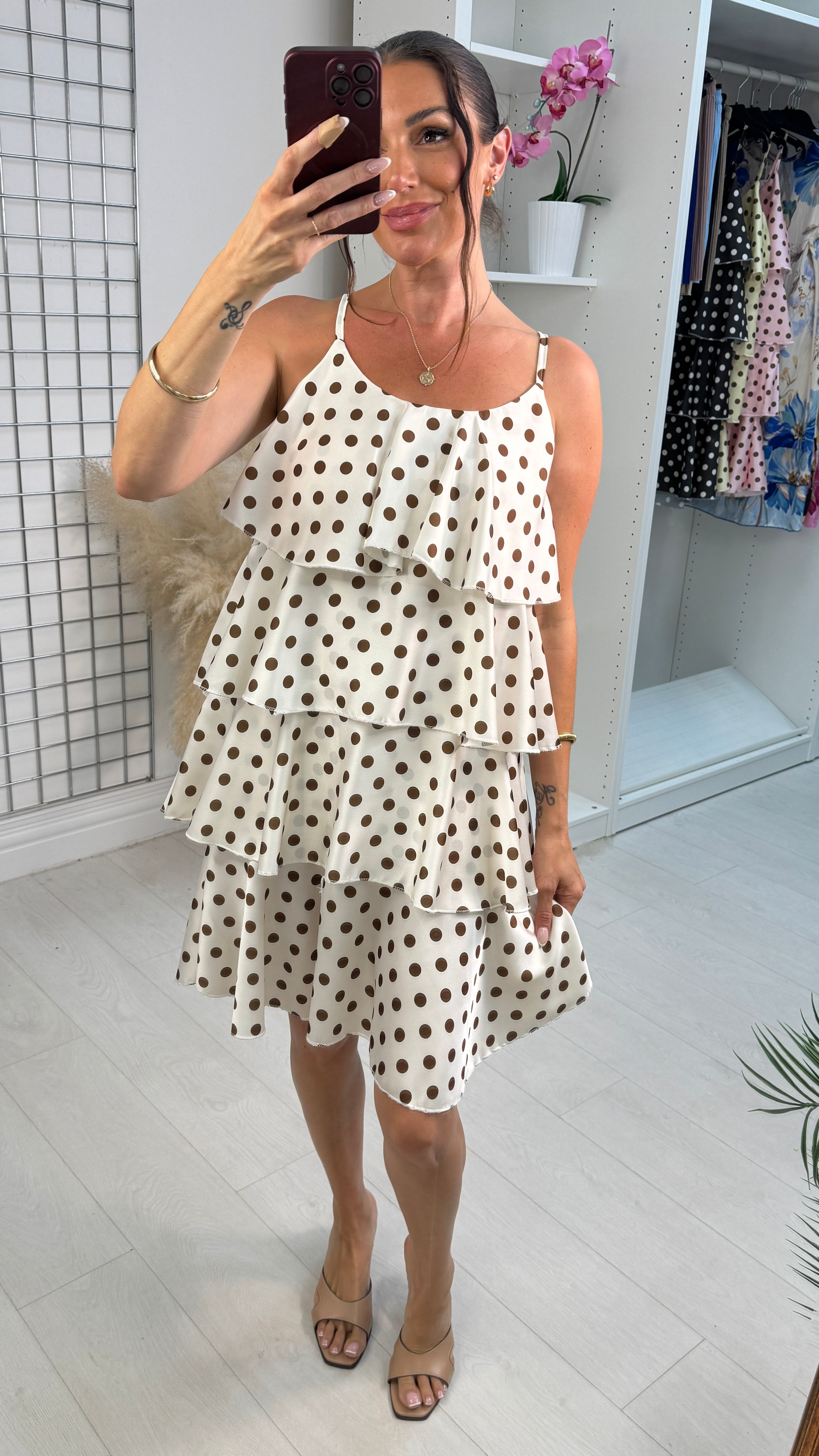 Amara Polka Dot Strappy Ruffle Dress