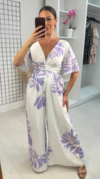 Adelai Leaf Print V Neck Jumpsuit