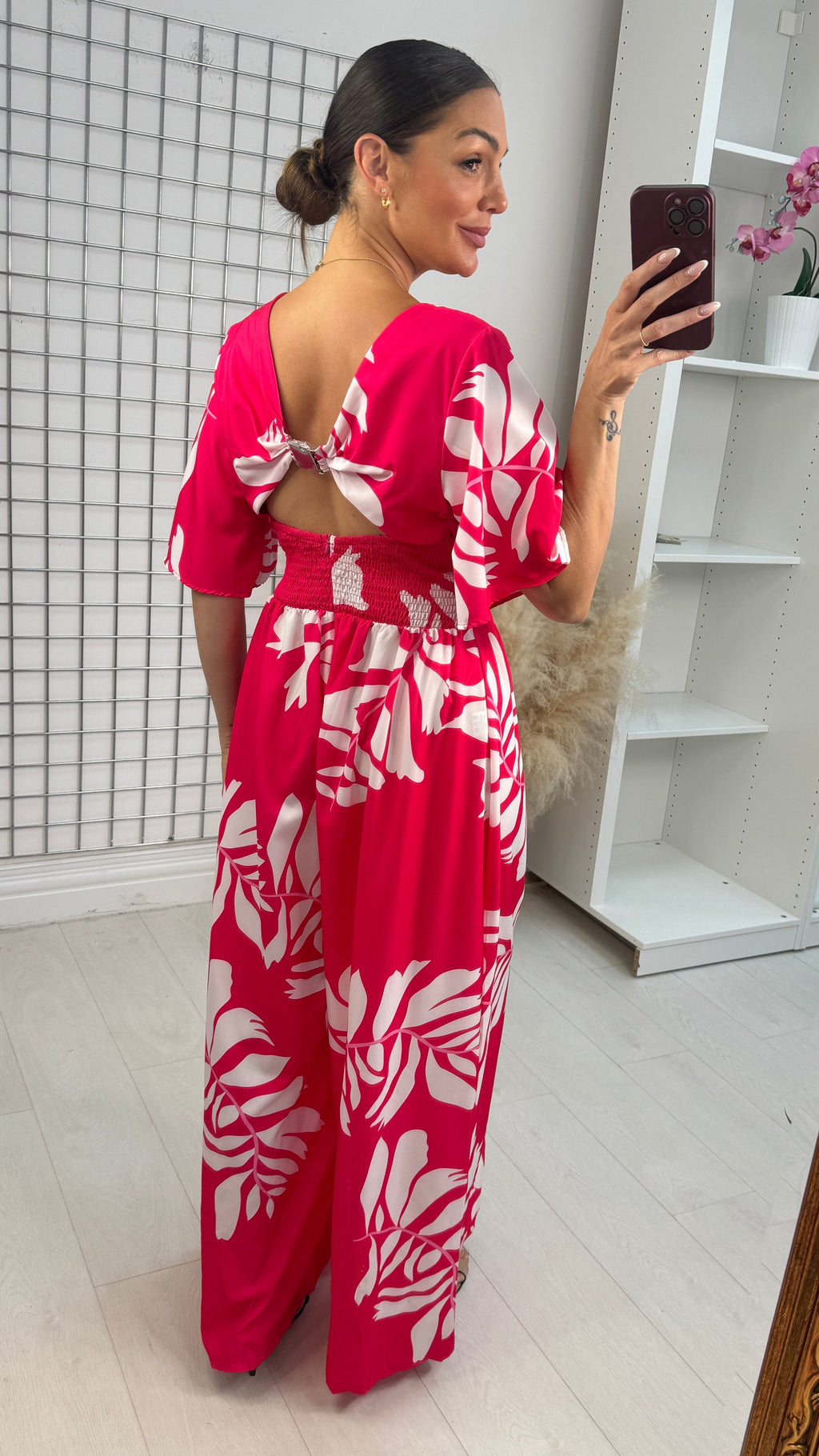 Adelai Leaf Print V Neck Jumpsuit