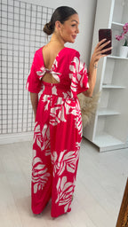 Adelai Leaf Print V Neck Jumpsuit